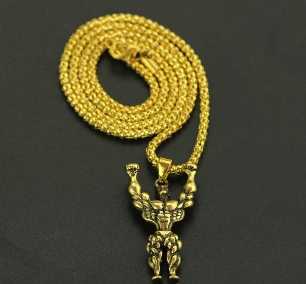 Men Silver Necklace Gothic Skull Weight lifting Gold Pendant Necklace Xmas Gift