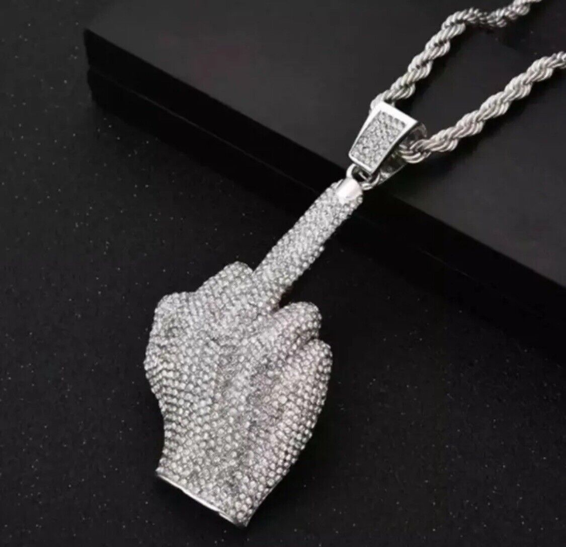 SILVER Iced Out Angry Middle Finger Necklace Jewelry Rope Chain Pendant Bling