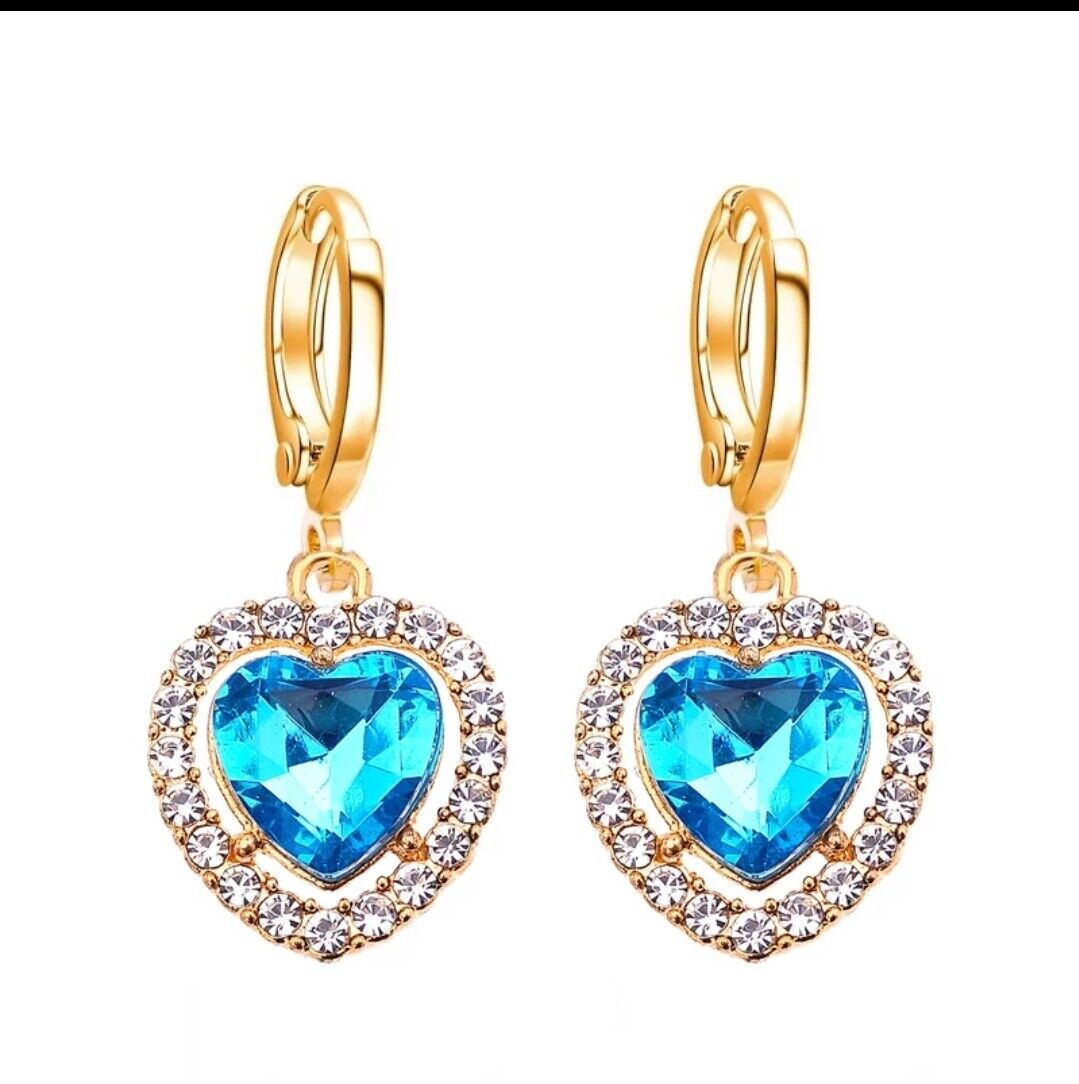 Heart Shape Drop Earrings Gold Plated Cubic Zirconia CZ Valentine Gift for Women