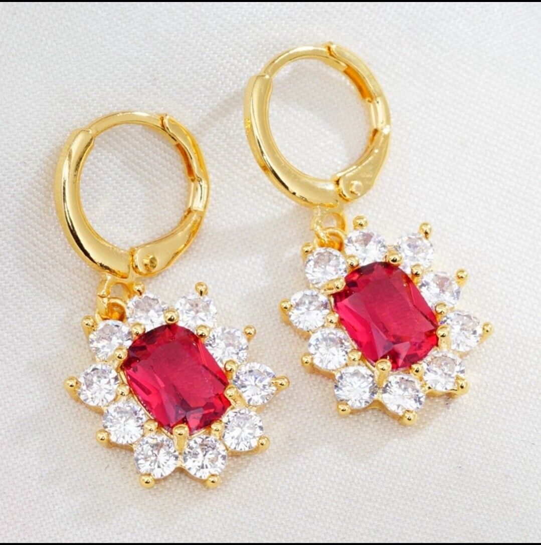 Emerald Ruby Gold Plated Oval Shaped Cubic Zirconia CZ 925 Drop Earrings Flower