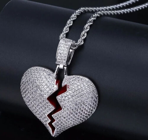 Iced Out Broken Heart Necklace Hip Hop Jewelry Silver Gold Bling Pendant Unisex