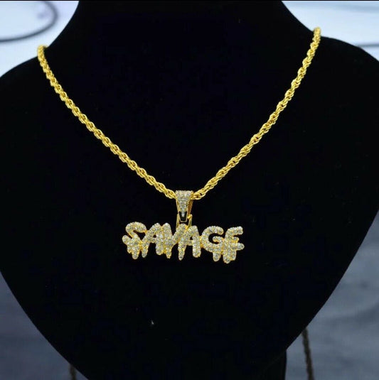 SAVAGE Pendant Necklace Rhinestone Necklace Silver Iced Out Hip Hop Jewelry