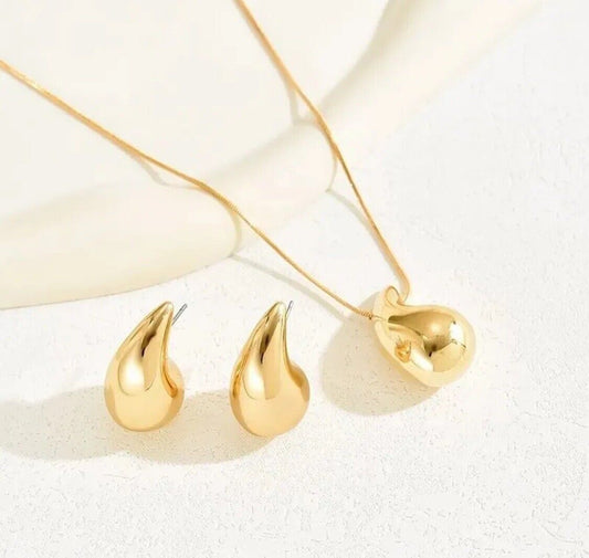 LATEST TRENDY WATER TEAR DROP CHUNKY GOLD NECKLACE RING EARRINGS SET UK SELLER