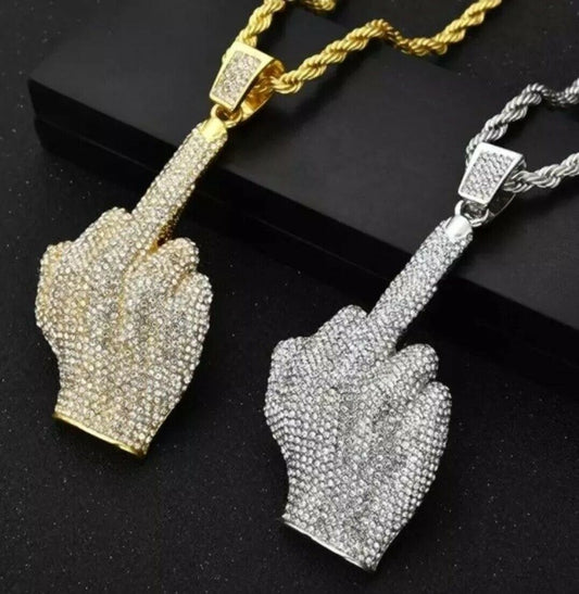 Iced Out Angry Middle Finger Hip Hop Necklace Jewelry Rope Chain Pendant Bling