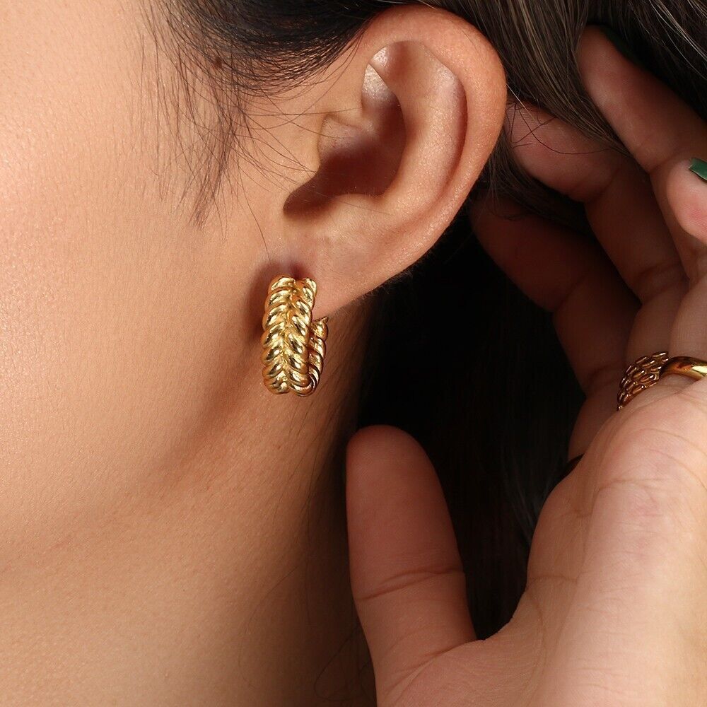 18ct Gold-Plated Double Layer Twisted Rope Half Hoop Stud Earrings
