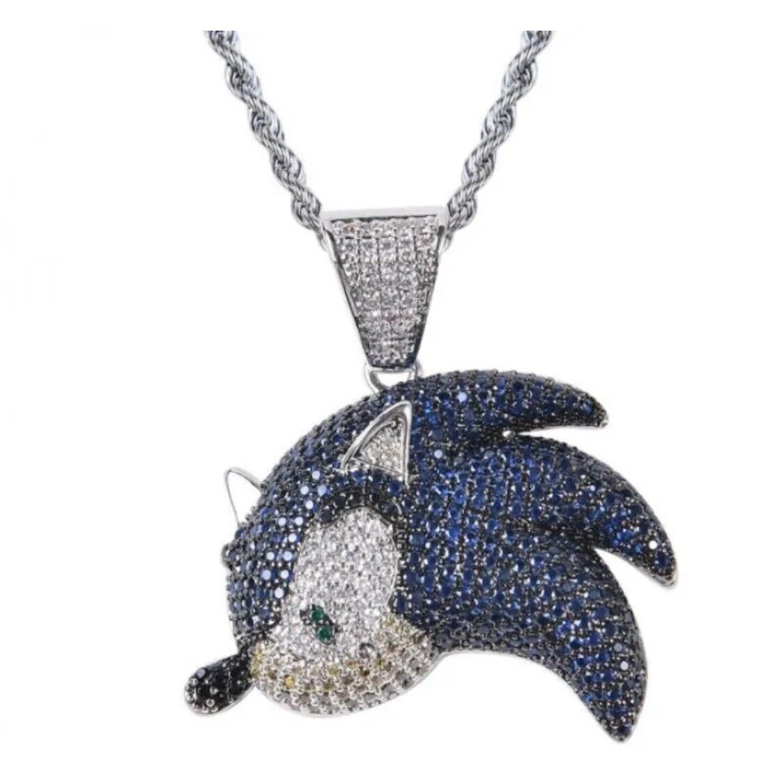 SILVER Sonic The Hedgehog Character Face Rhinestone Metal Pendant Necklace