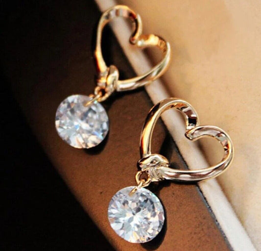 Cubic Zirconia Drop Earrings Gold Heart Shaped  CZ 925 Hoop Earrings Dangle