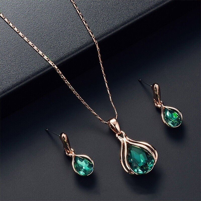 Women Rhinestone Water Drop Necklace Earrings Ring Charm Jewelry Set Blue Green