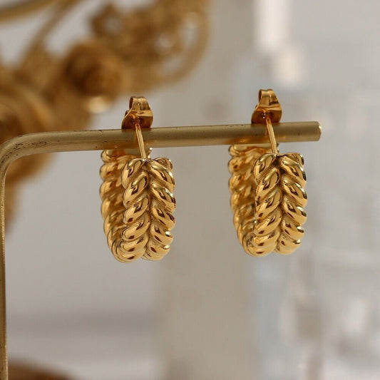 18ct Gold-Plated Double Layer Twisted Rope Half Hoop Stud Earrings