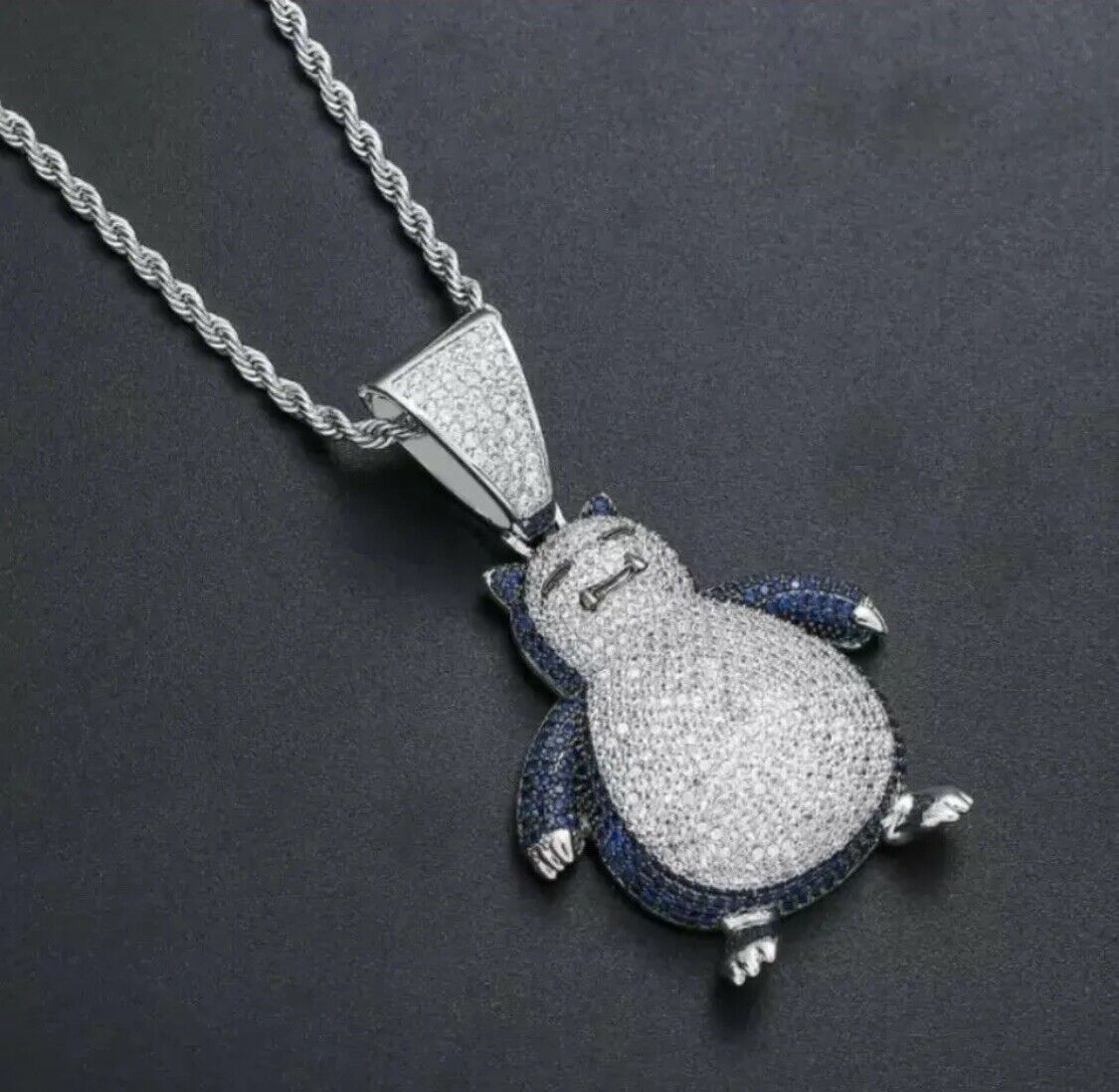 SILVER Iced Out Pokemon Necklace Penguin Hip Hop Jewelry Pendant Bling Chain