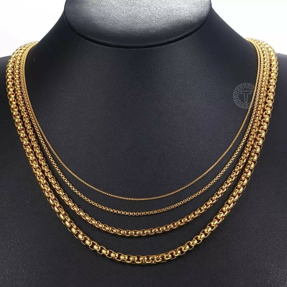 GENUINE  Stainless Steel Gold 5mm Round Box Chain 20 Inch Necklace