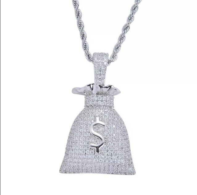 Dollar Sign Money Bag Necklace Jewelry Silver Gold Pendant Chain Rapper Chain