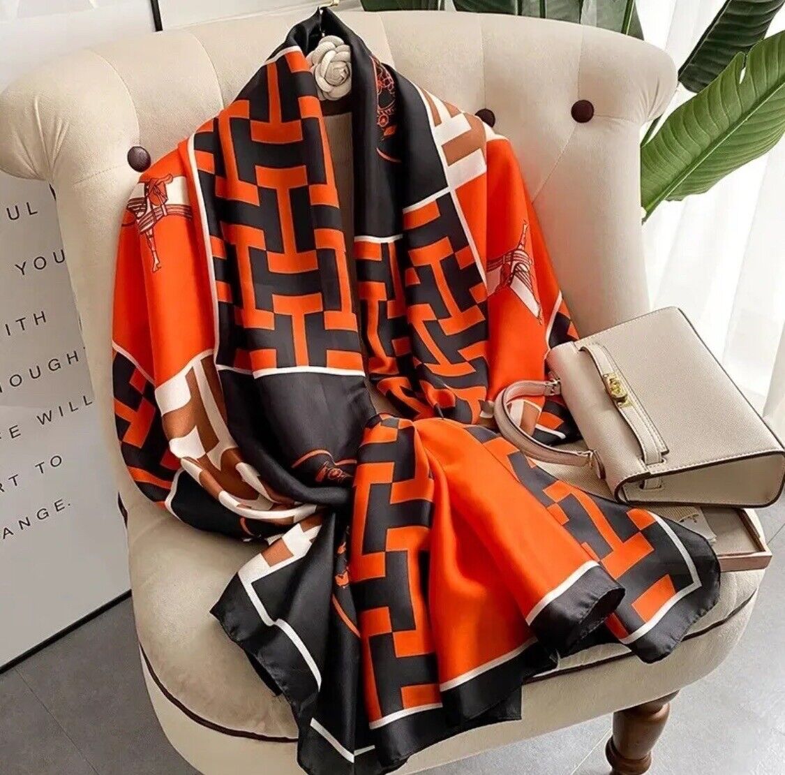 Orange Large Printed Shawl Scarf Satin Silk Multicolour Printed Head Neck Scarve