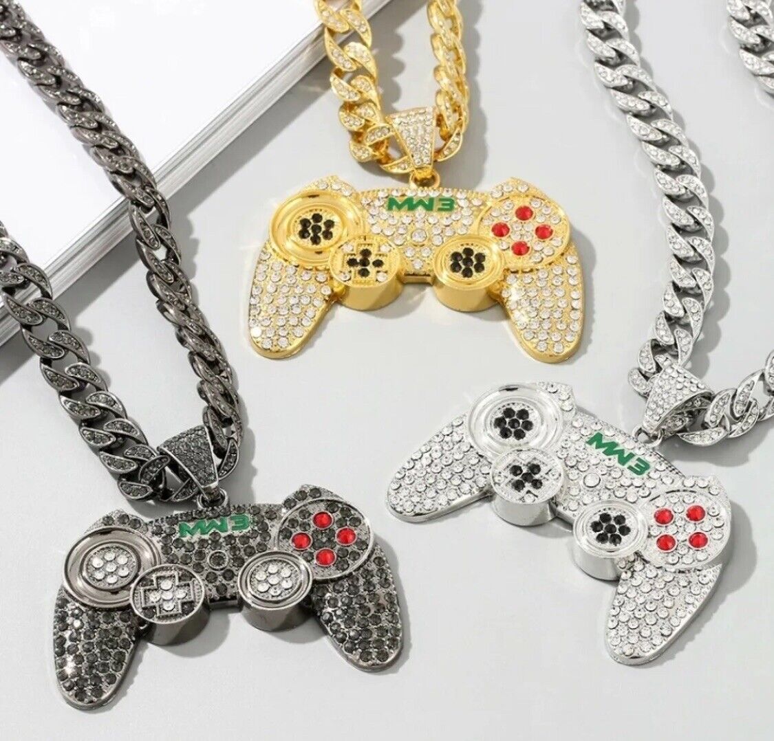 SILVER Iced Out Hip-Hop Necklace Game Console Jewellery Crystal Controller