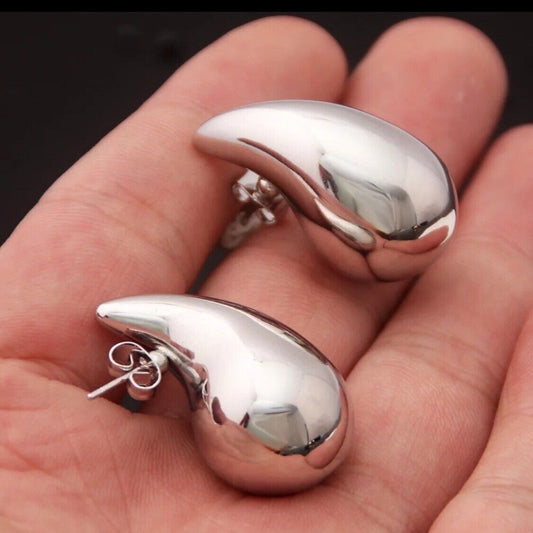 SILVER Chunky Dome Drop Earrings for Women Glossy Stainless Steel Thick Teardrop