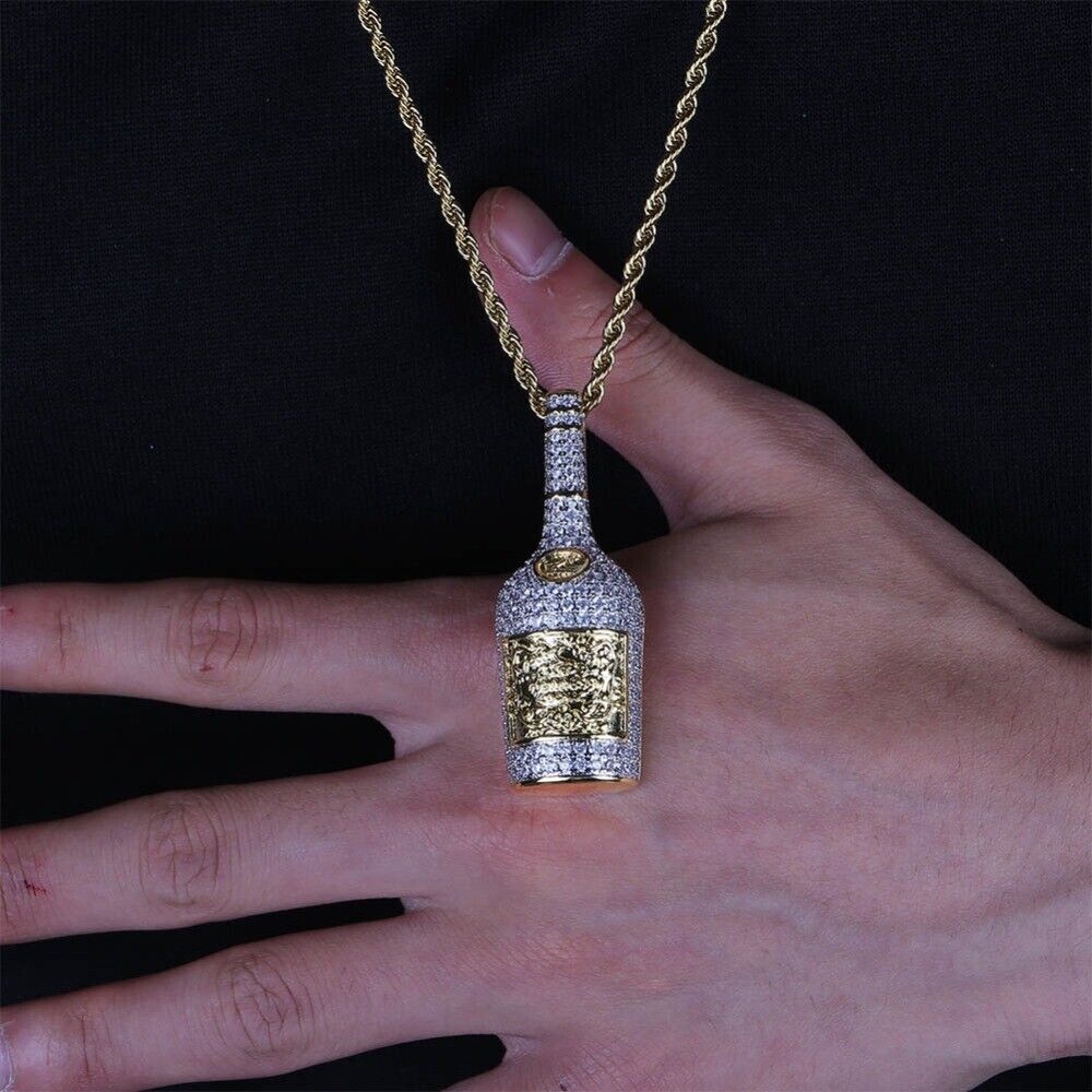 Iced Out Champagne Bottle Emoji Necklace Hip Hop CZ Jewelry Gold Pendant