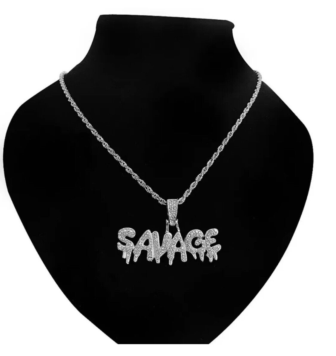 Silver SAVAGE Pendant Necklace Rhinestone Necklace Iced Out Hip Hop Jewelry