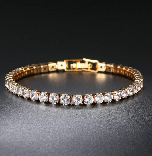 14K Gold plated MADE WITH DIAMOND CRYSTALS Tennis Bracelet Gift - UK Seller 