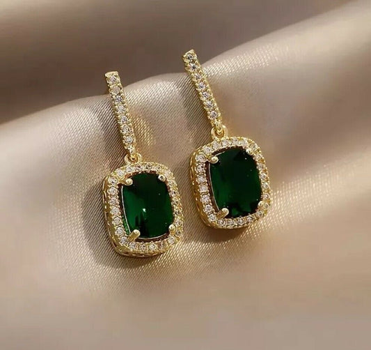 EMERALD GREEN GOLD STONE DROP EARRINGS WOMEN CUBIC ZIRCONIA JEWELLERY .