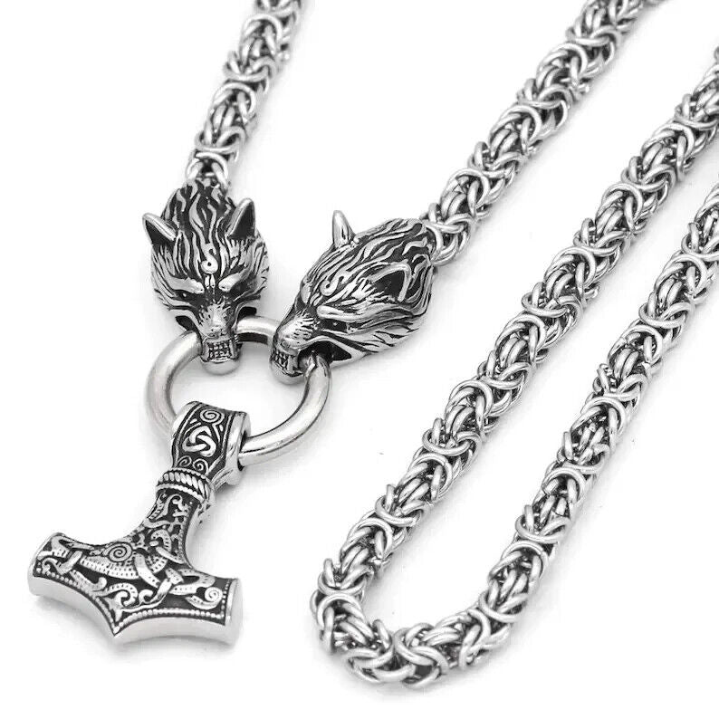 Celtic Norse Viking Wolf Head & Thor Hammer Mjolnir Biker Pendant Necklace