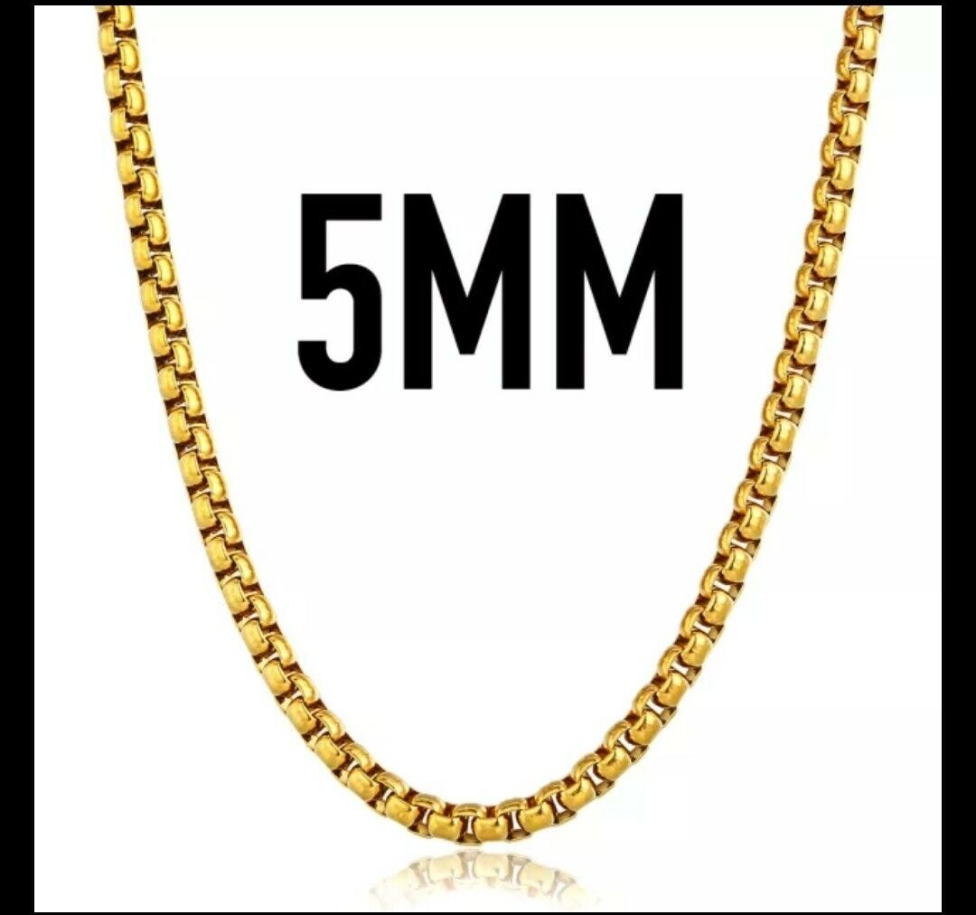 GENUINE  Stainless Steel Gold 5mm Round Box Chain 20 Inch Necklace