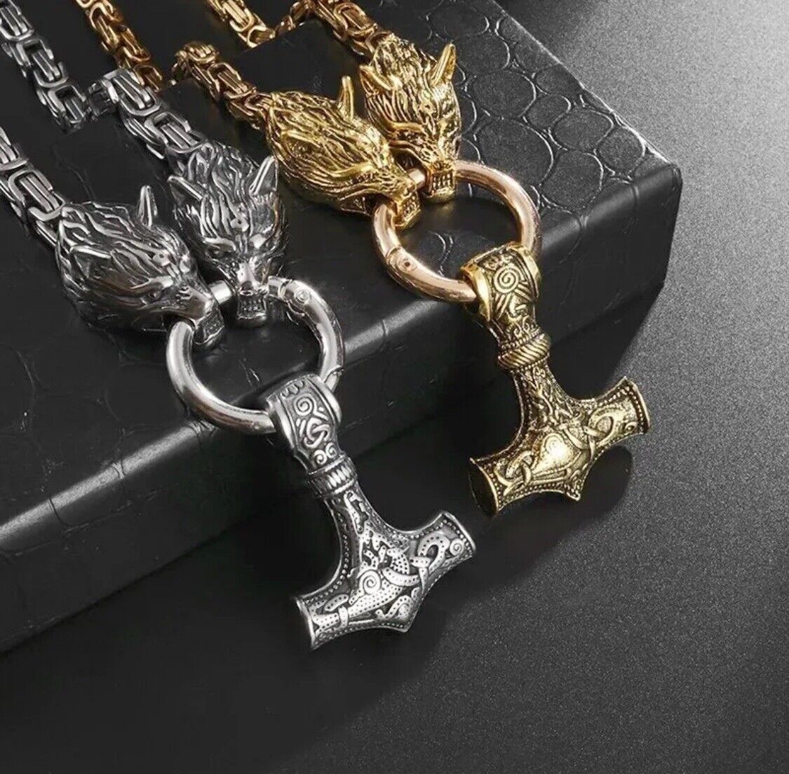 GOLD Celtic Norse Viking Wolf Head Thor Hammer Mjolnir Biker Pendant Necklace