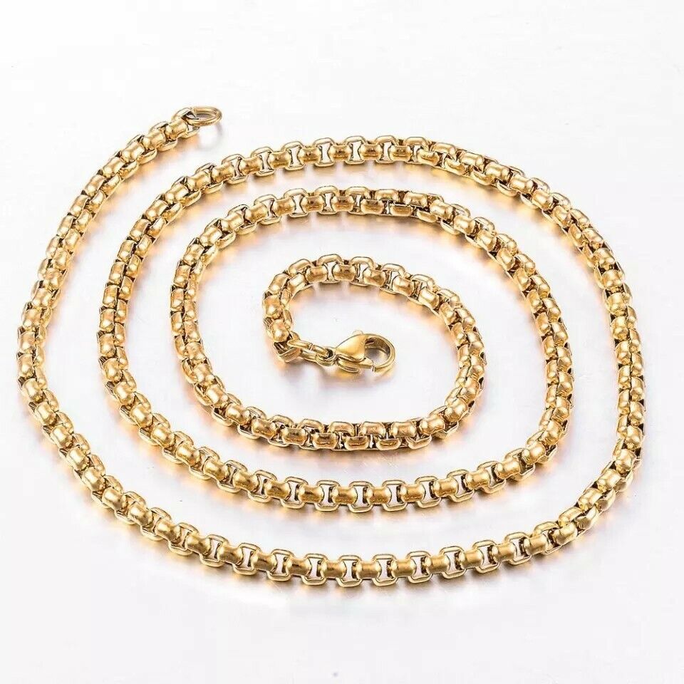 GENUINE  Stainless Steel Gold 5mm Round Box Chain 20 Inch Necklace