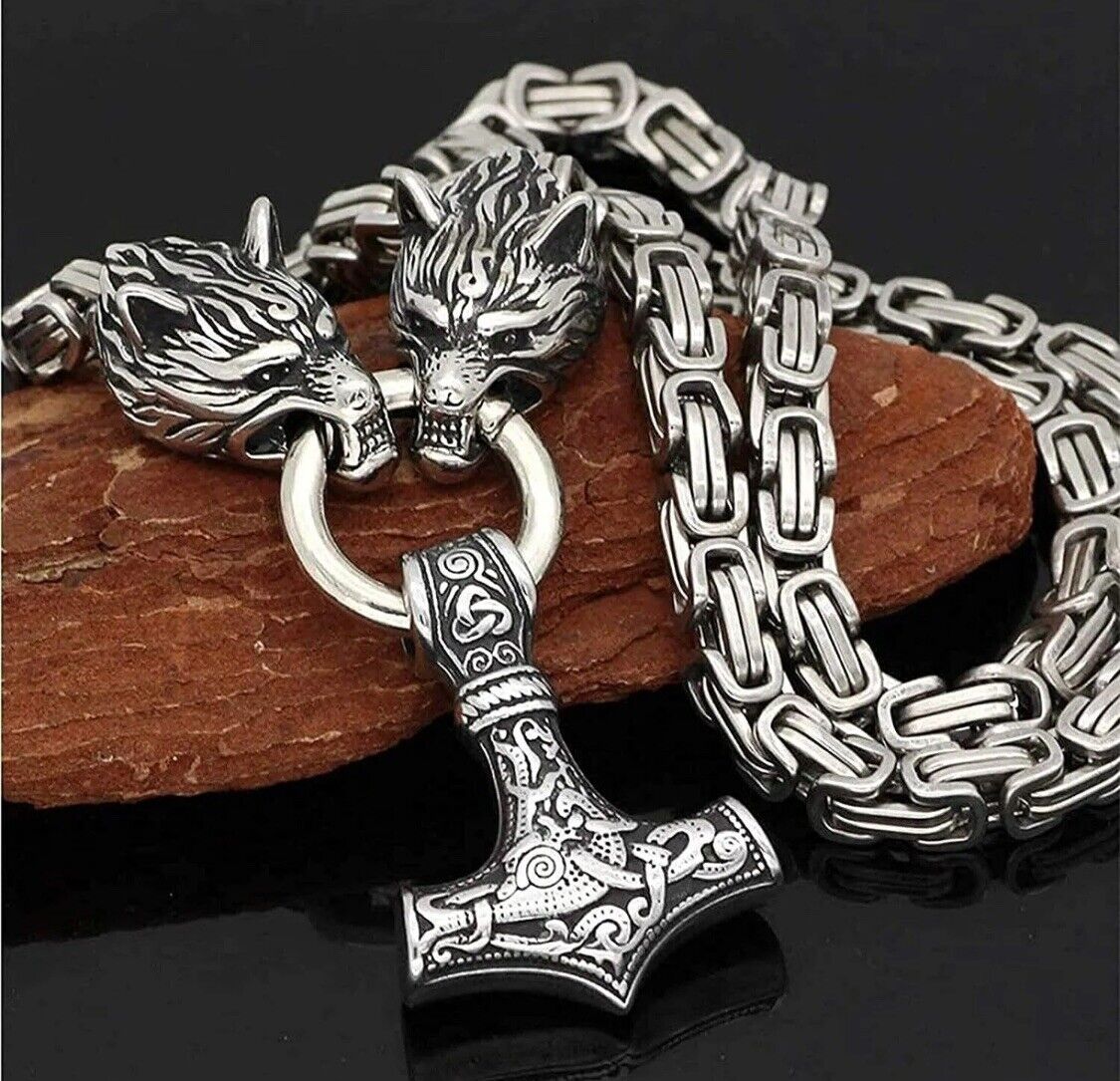 GOLD Celtic Norse Viking Wolf Head Thor Hammer Mjolnir Biker Pendant Necklace