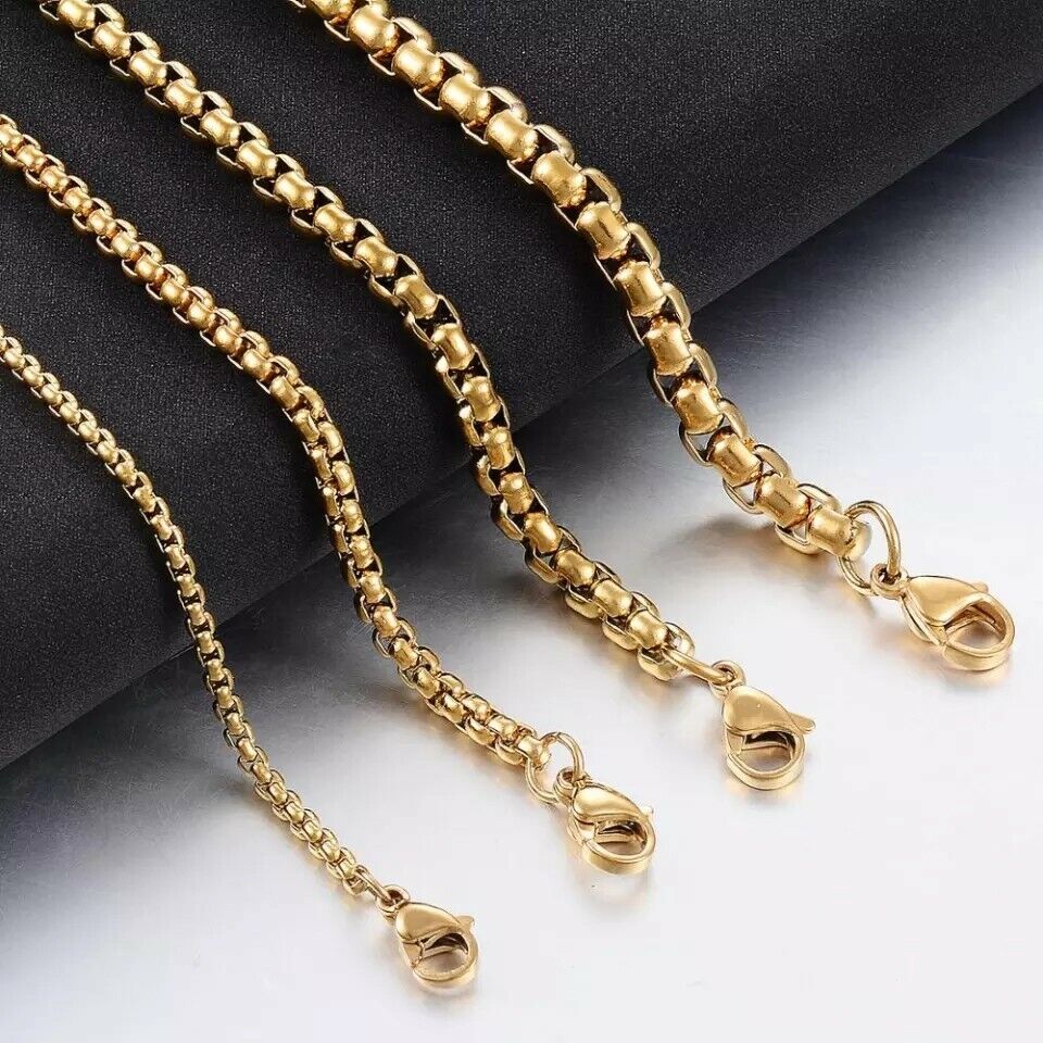 GENUINE  Stainless Steel Gold 5mm Round Box Chain 20 Inch Necklace