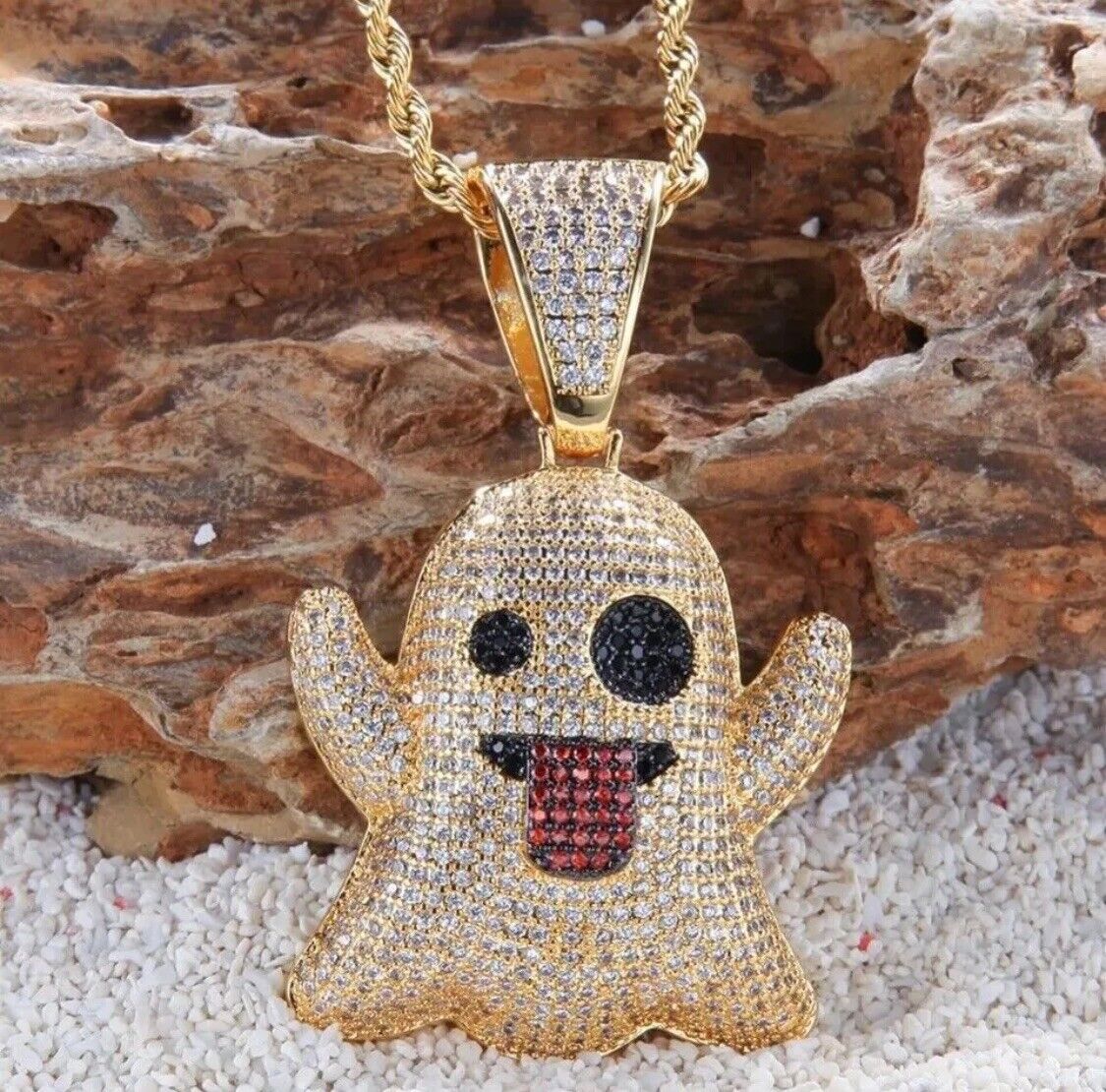 SILVER Necklace Snapchat Emoji Pendant & Chain Iced Out Bling Shine Jewellery