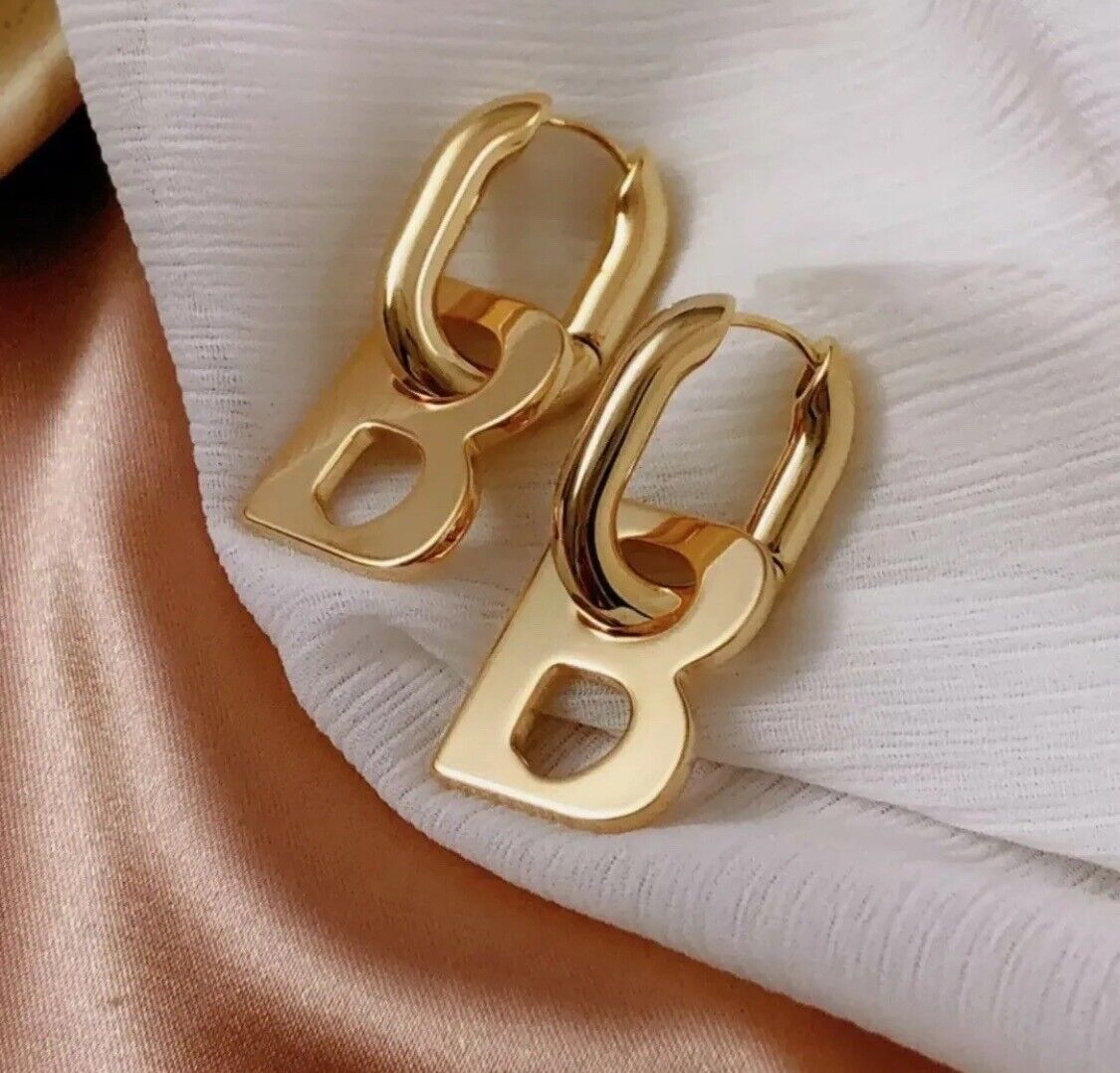 GOLD Double BB Letter B Gold Silver Metal Hoop Women Earrings Beauty Inspired