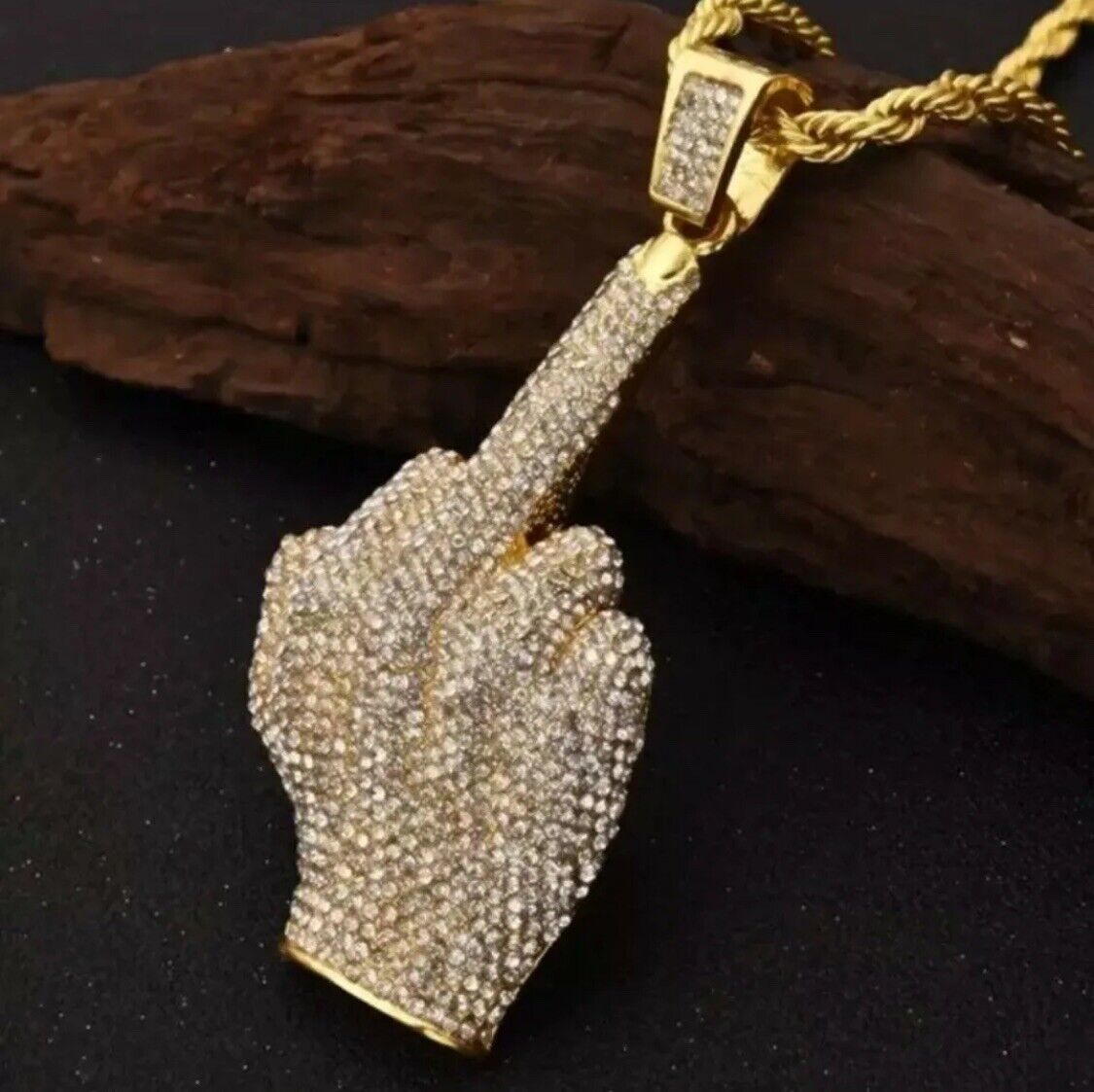 GOLD Iced Out Angry Middle Finger Necklace Jewelry Rope Chain Pendant Bling