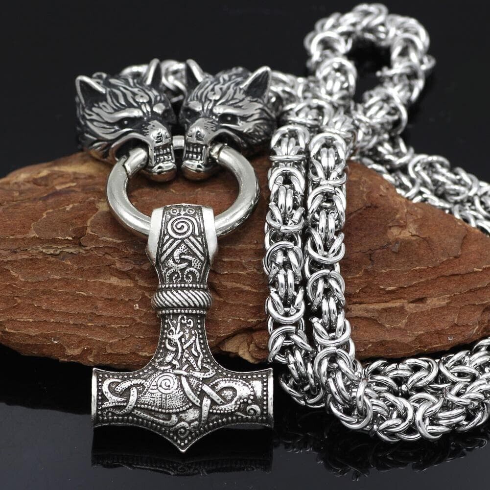 Stainless Steel  Pendant Necklace Norse Viking Wolf &Thor Hammer Mjolnir