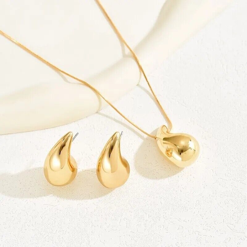 NEW TRENDY WATER TEAR DROP CHUNKY GOLD NECKLACE RING EARRINGS SET UK SELLER