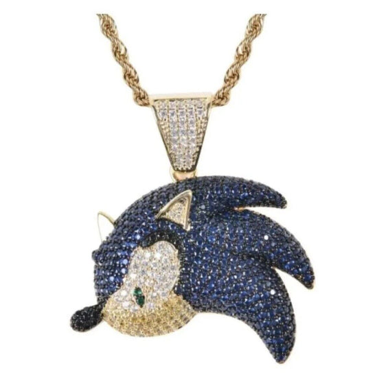 GOLD Sonic The Hedgehog Character Face Rhinestone Metal Pendant Necklace Unisex