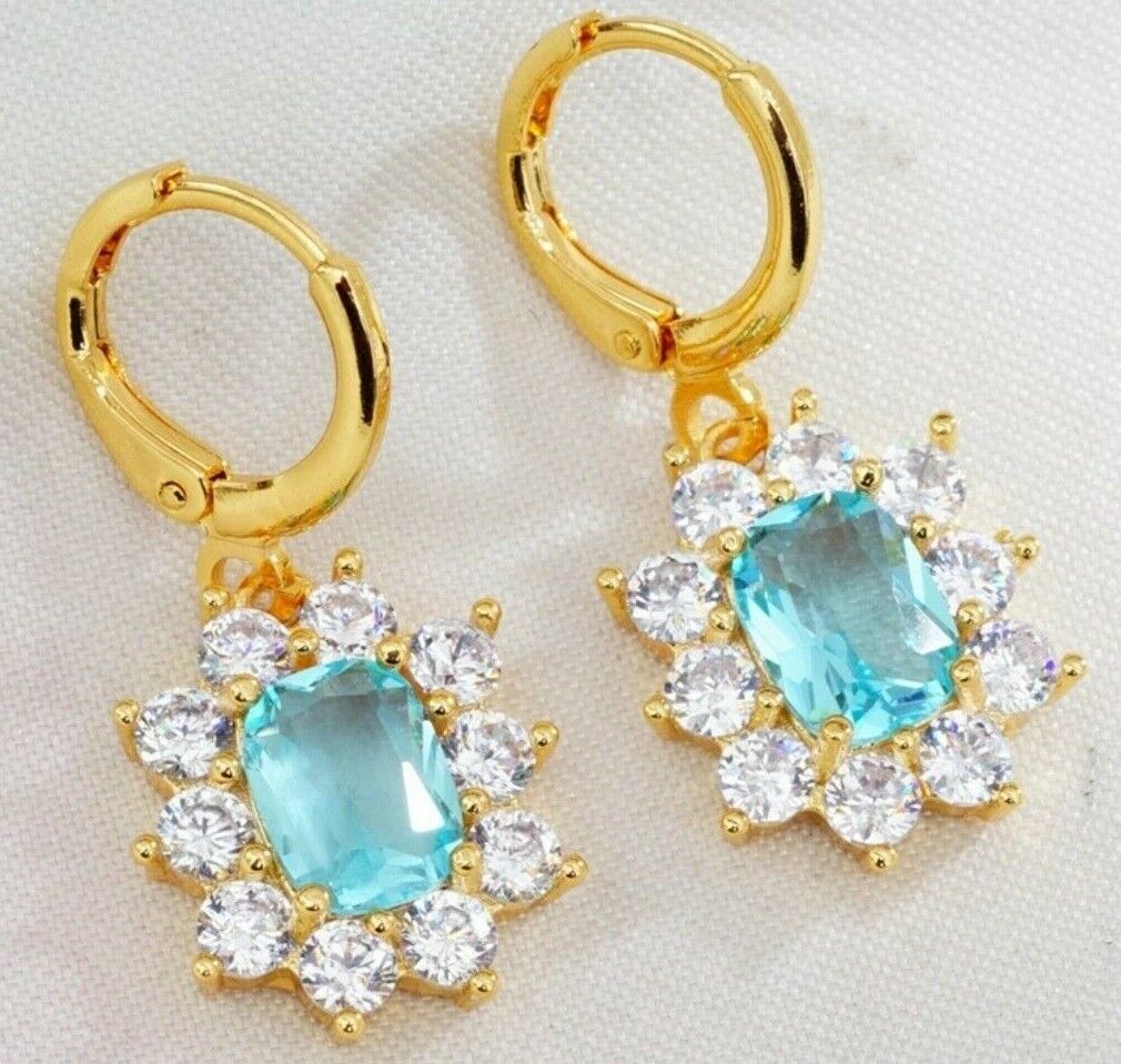 Emerald Ruby Gold Plated Oval Shaped Cubic Zirconia CZ 925 Drop Earrings Flower