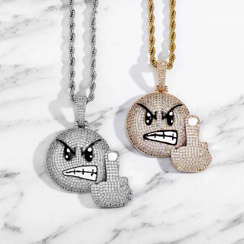 Hip Hop Necklace Iced Out Angry Middle Finger  Jewelry Rope Chain Pendant Bling