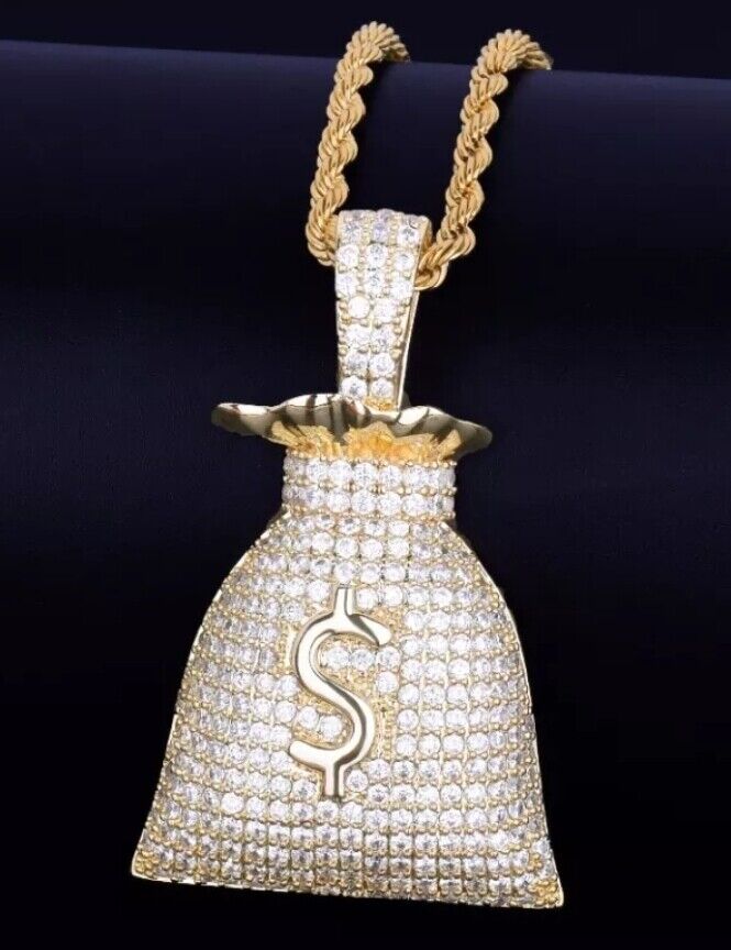 Dollar Sign Money Bag Necklace Jewelry Silver Gold Pendant Chain Rapper Chain