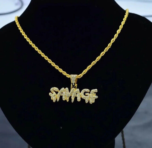 GOLD SAVAGE Pendant Necklace Rhinestone Necklace Silver Iced Out Hip Hop Jewelry