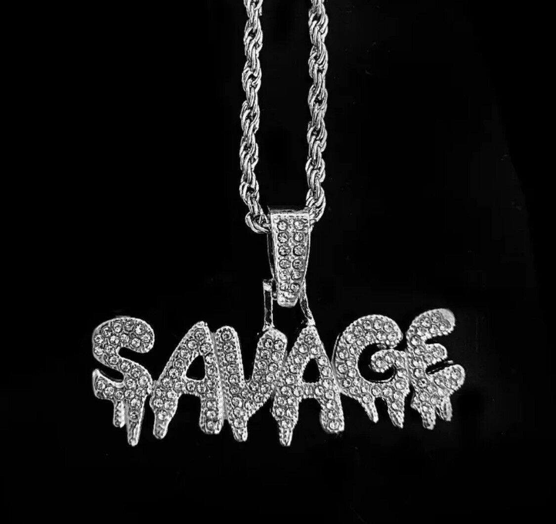 Silver SAVAGE Pendant Necklace Rhinestone Necklace Iced Out Hip Hop Jewelry