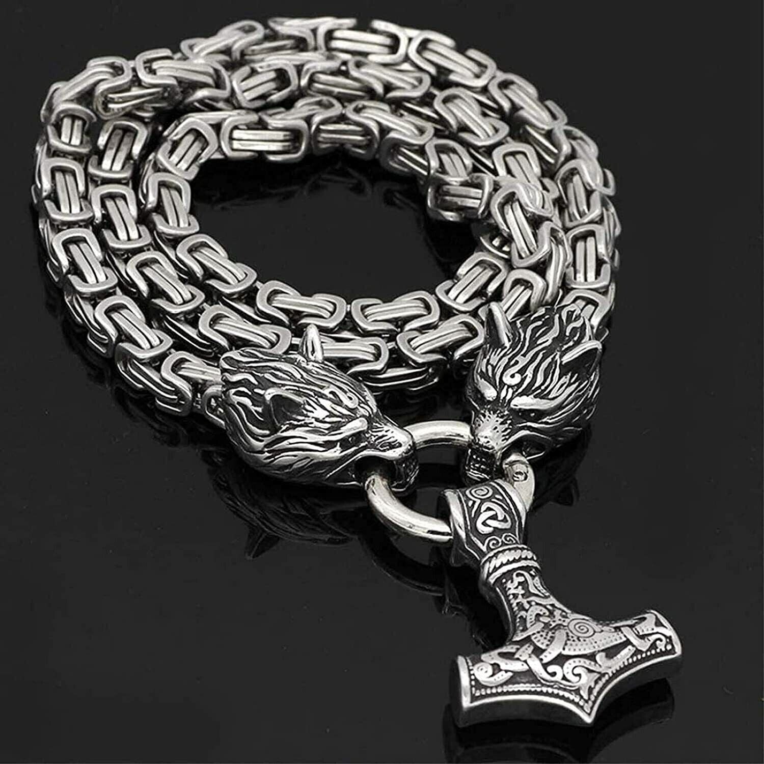 Stainless Steel  Pendant Necklace Norse Viking Wolf &Thor Hammer Mjolnir