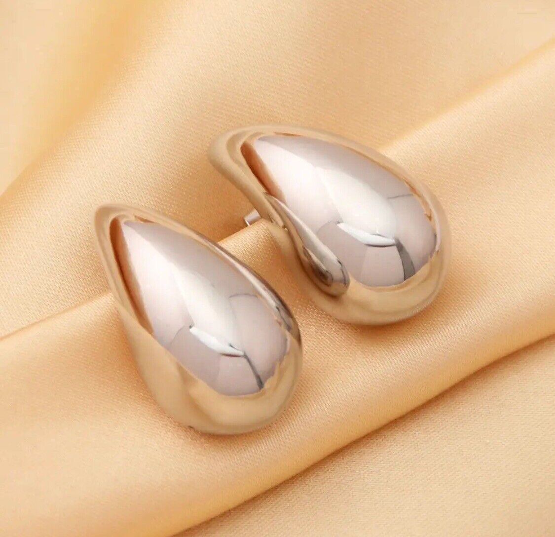 SILVER Chunky Dome Drop Earrings for Women Glossy Stainless Steel Thick Teardrop