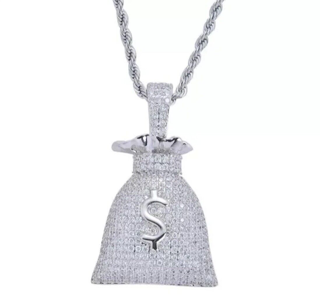 SILVER Dollar Sign Money Bag Necklace Jewelry & SILVER Pendant Rapper Chain