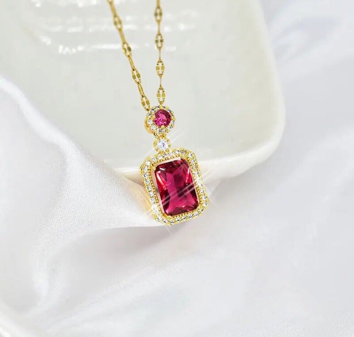 Beautiful Gold Crystal Rhinestone Necklace Pendant & Ring & Earrings Red Set