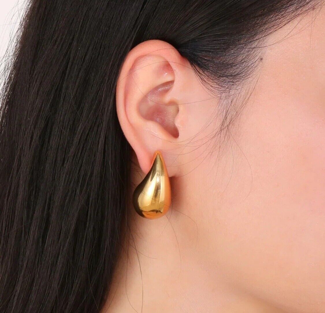 Gold Chunky Dome Drop Earrings for Women Glossy Stainless Steel Thick Teardrop