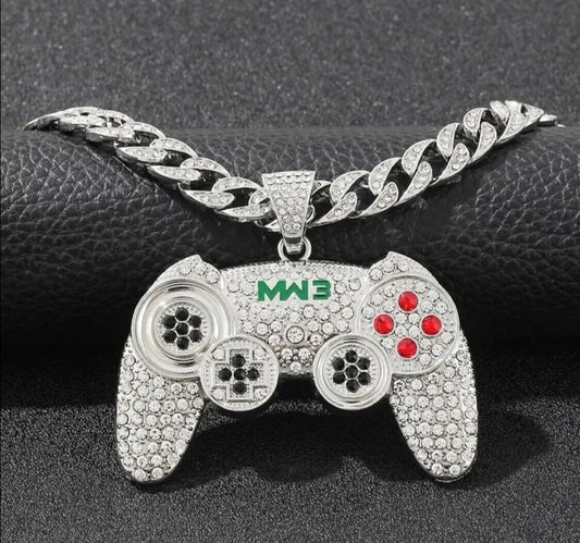 SILVER Iced Out Hip-Hop Necklace Game Console Jewellery Crystal Controller