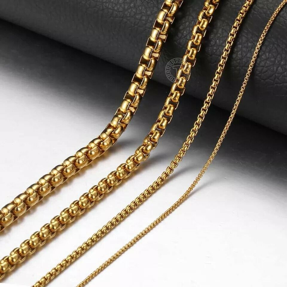 GENUINE  Stainless Steel Gold 5mm Round Box Chain 20 Inch Necklace