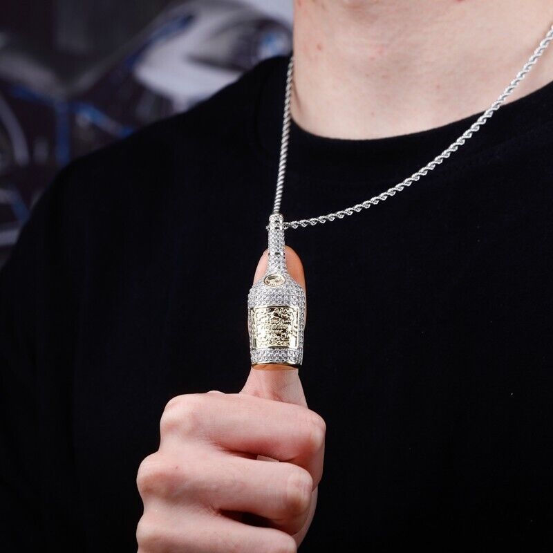 Iced Out Champagne Bottle Emoji Necklace Hip Hop CZ Jewelry Gold Pendant