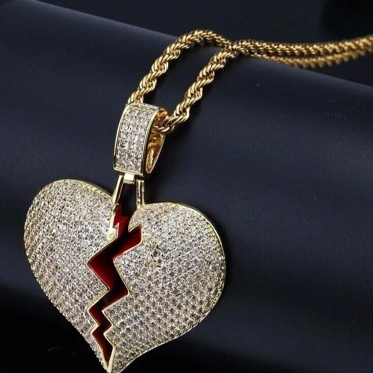 🇬🇧 Iced Out Heart Emoji Necklace Hip Hop Jewelry Silver Gold Pendant Chain