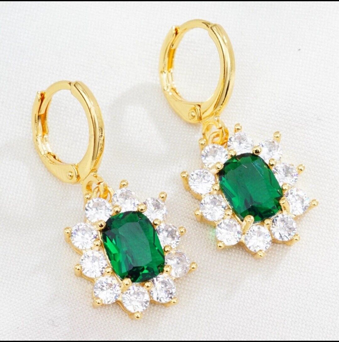 Emerald Ruby Gold Plated Oval Shaped Cubic Zirconia CZ 925 Drop Earrings Flower